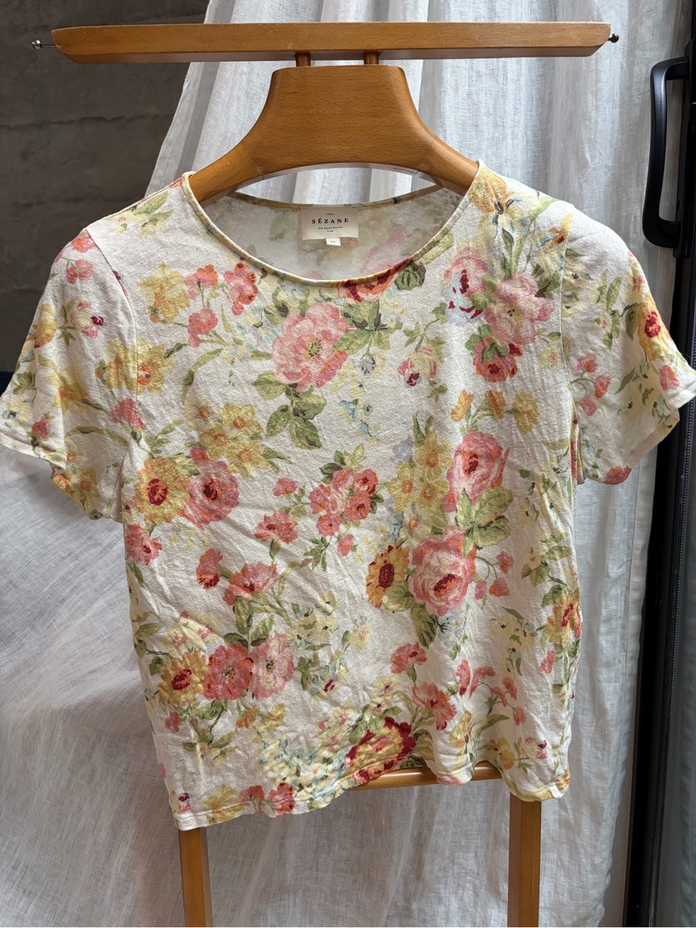Sezane Cream Floral Short Sleeve Tee with Pink and Green Blooms